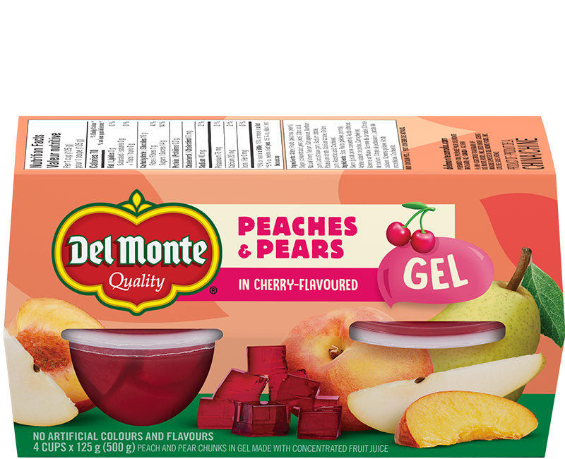 Peaches & Pears in cherry-flavoured gel in 100% fruit juice from concentrate