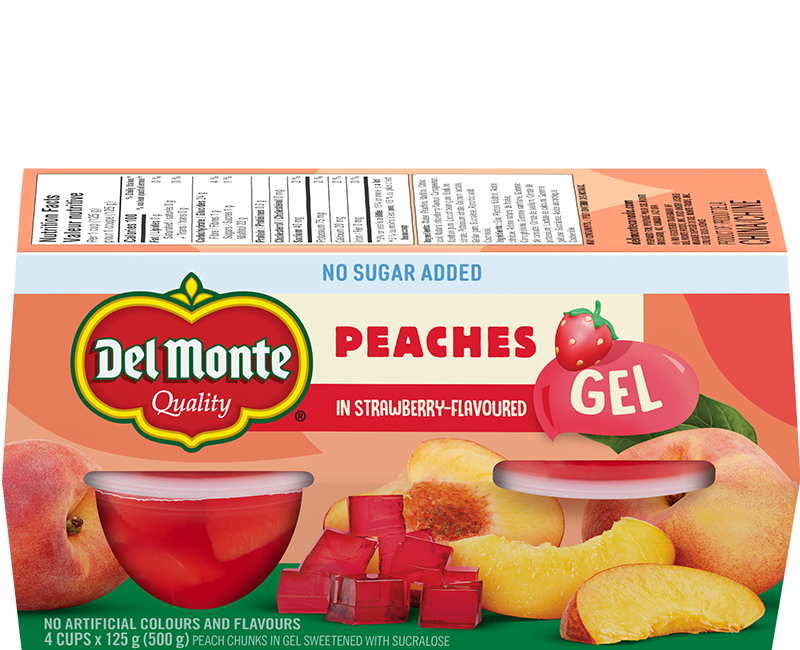 Peaches in strawberry-flavoured gel no sugar added